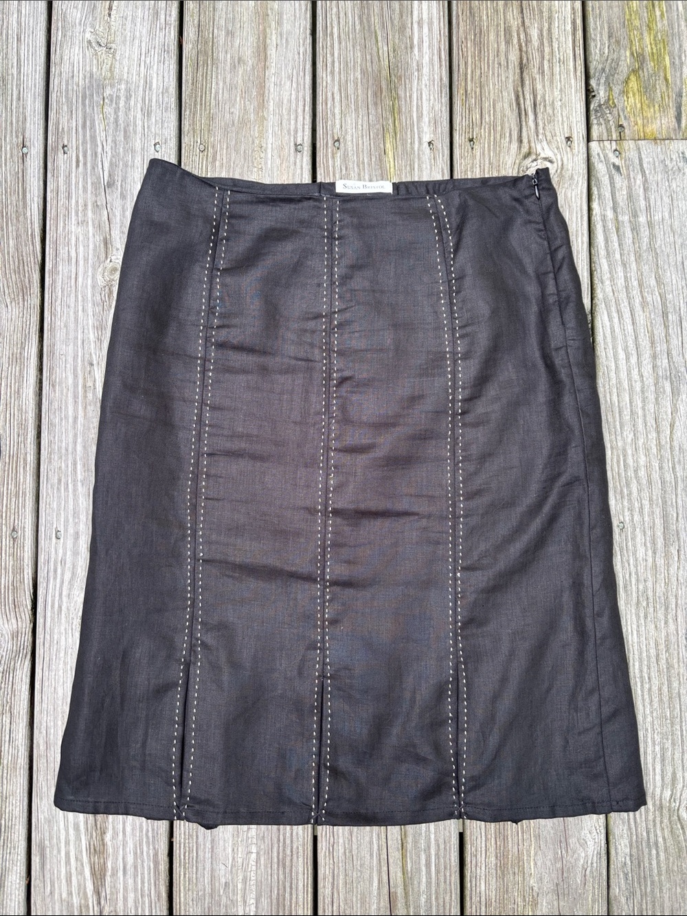 VTG Susan Bristol Linen Contrast Stitch Skirt Black Minimalist Y2K Midi Size 10